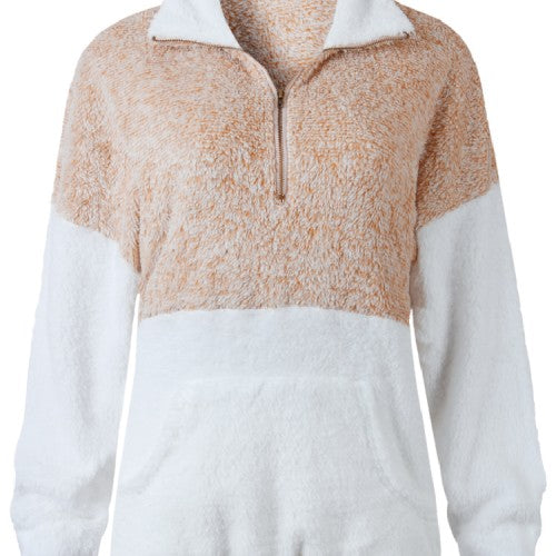 Women Colorblock Plush Warm Plus Size Hoodie With Kangaroo Pocket