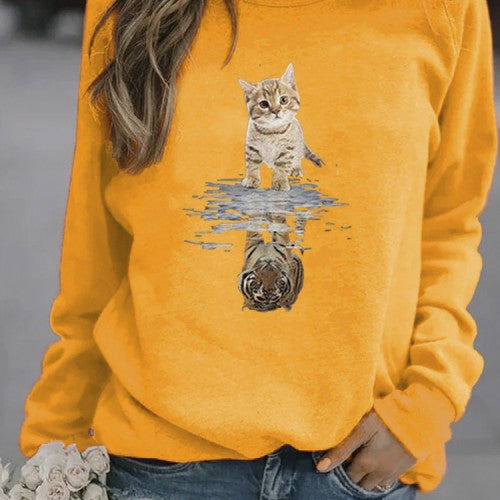 Women Cartoon Animal Cat Print Pullover Long Sleeve Cute Sweatshirts