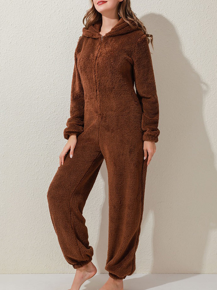Women Fluffy Plush Zipper Cute Hooded Home Long Sleeve Warm Sleepwear Jumpsuits