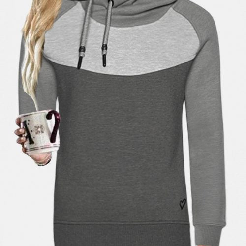 Women Contrast Patchwork Long Sleeve Casual Drawstring Hoodies