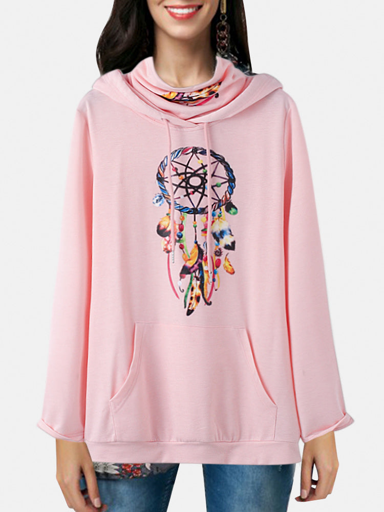 Women Printing Long Sleeve Snood Turtleneck Casual Hoodies With Pouch Pocket