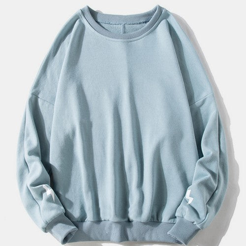 Cotton Women Side Lightning Print Pullover Long Sleeve Simple Drop Shoulder Sweatshirts