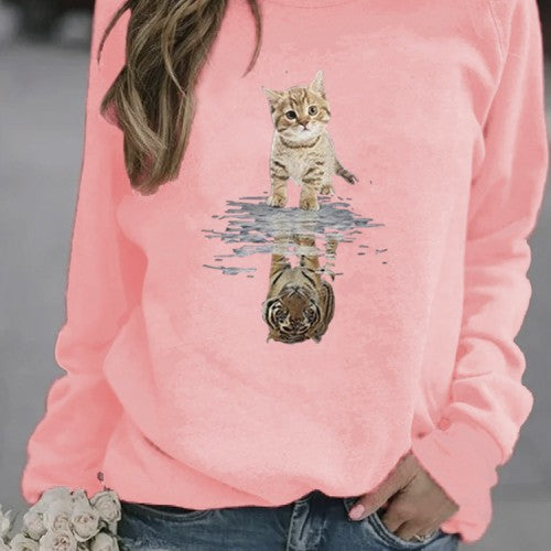 Women Cartoon Animal Cat Print Pullover Long Sleeve Cute Sweatshirts