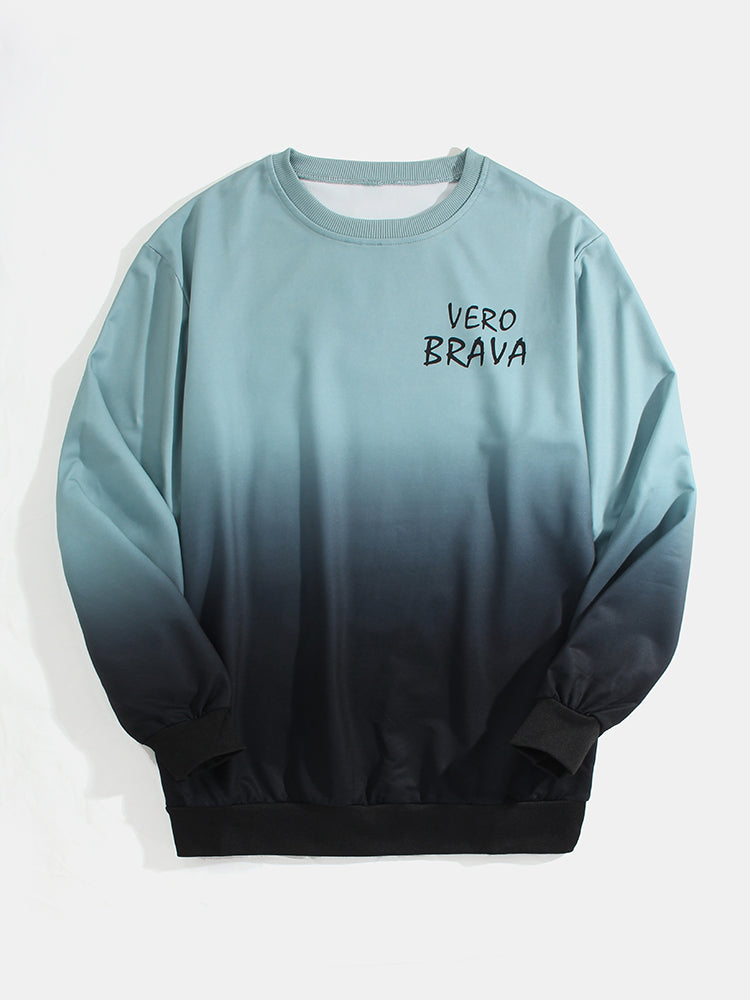 Mens Letter Print Ombre Pullover Long Sleeve Casual Sweatshirts