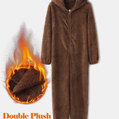 Women Fluffy Plush Zipper Cute Hooded Home Long Sleeve Warm Sleepwear Jumpsuits