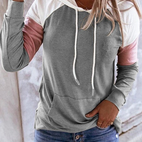 Women Patchwork Raglan Sleeve Casual Kangaroo Pocket Drawstring Hoodies