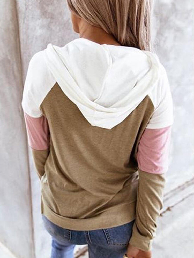 Women Patchwork Raglan Sleeve Casual Kangaroo Pocket Drawstring Hoodies