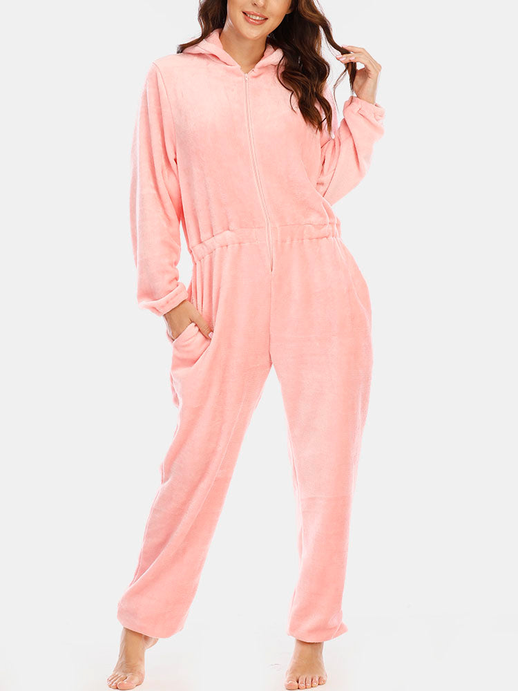 Women Flannel Eye Embroidery Hooded Zipper Front Elastic Waist Long Sleeve Home Pink Jumpsuits