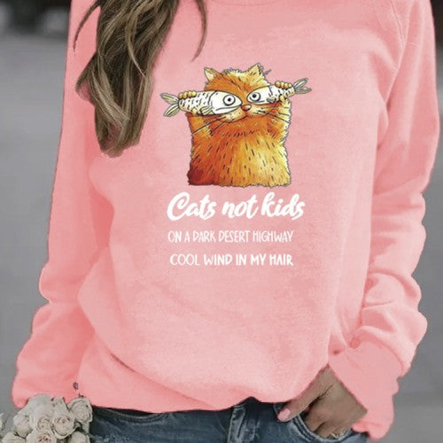 Women Funny Cartoon Cat Printed Pullover Long Sleeve Casual Sweatshirts