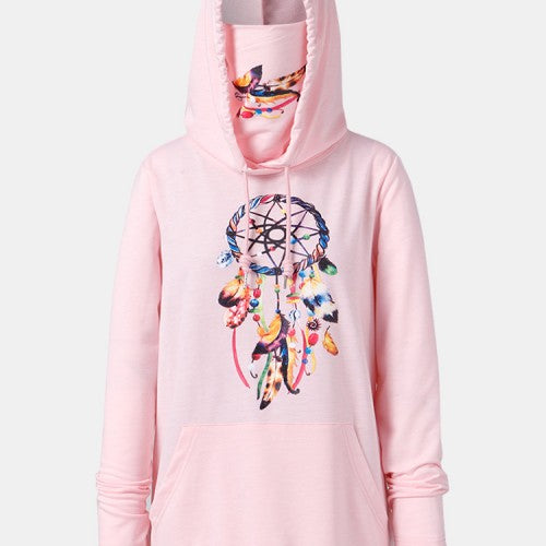 Women Printing Long Sleeve Snood Turtleneck Casual Hoodies With Pouch Pocket