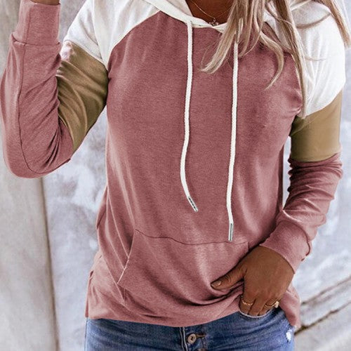 Women Patchwork Raglan Sleeve Casual Kangaroo Pocket Drawstring Hoodies