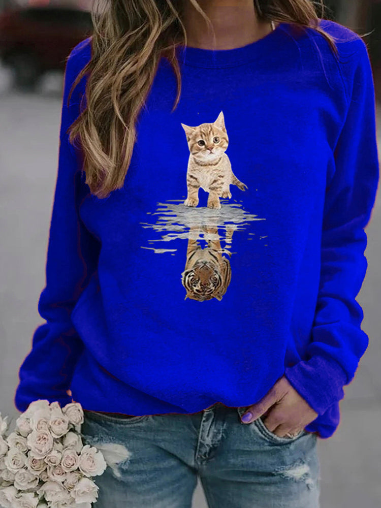 Women Cartoon Animal Cat Print Pullover Long Sleeve Cute Sweatshirts