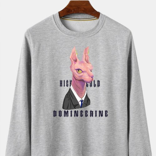 Mens Cartoon Cat Chest Print Cotton Loose Regular Fit Crew Neck Pullover Sweatshirts