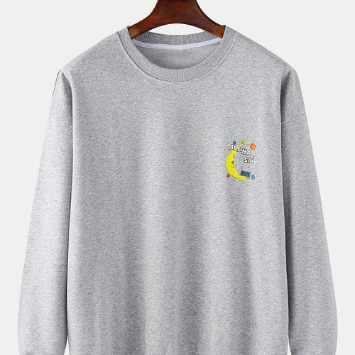 Mens Cotton Cartoon Moon & Letter Print Drop Shoulder Pullover Casual Sweatshirts