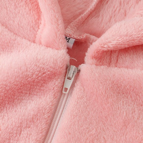 Women Flannel Eye Embroidery Hooded Zipper Front Elastic Waist Long Sleeve Home Pink Jumpsuits