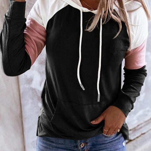 Women Patchwork Raglan Sleeve Casual Kangaroo Pocket Drawstring Hoodies