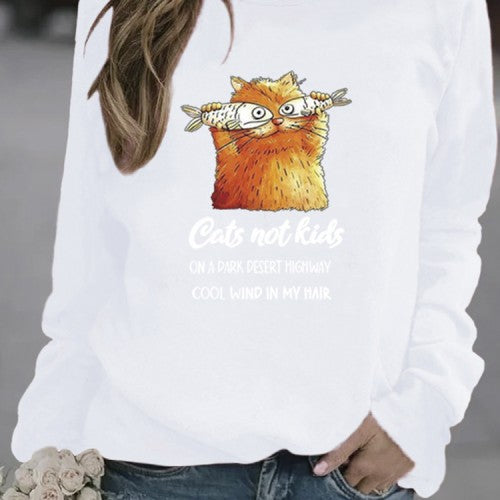 Women Funny Cartoon Cat Printed Pullover Long Sleeve Casual Sweatshirts