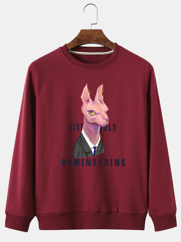 Mens Cartoon Cat Chest Print Cotton Loose Regular Fit Crew Neck Pullover Sweatshirts