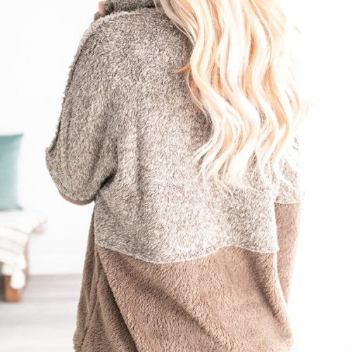 Women Colorblock Plush Warm Plus Size Hoodie With Kangaroo Pocket