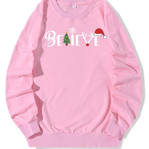 Women Christmas Style Letter Print Long Sleeve Pullover Sweatshirts