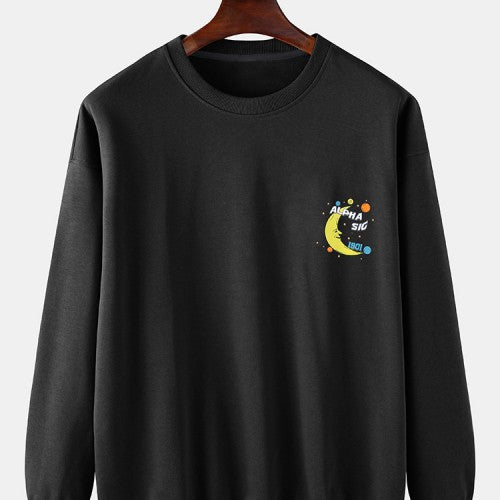 Mens Cotton Cartoon Moon & Letter Print Drop Shoulder Pullover Casual Sweatshirts