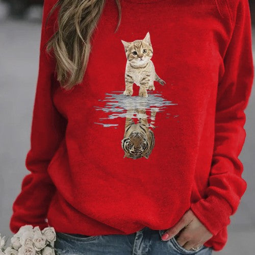 Women Cartoon Animal Cat Print Pullover Long Sleeve Cute Sweatshirts