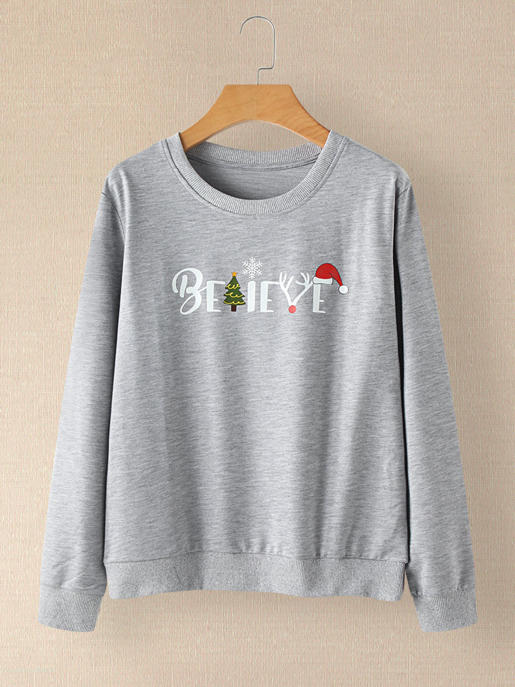 Women Christmas Style Letter Print Long Sleeve Pullover Sweatshirts