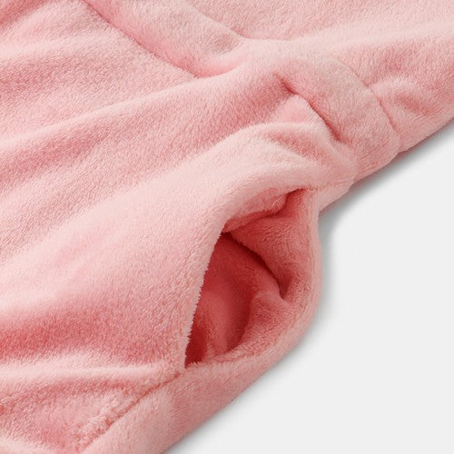 Women Flannel Eye Embroidery Hooded Zipper Front Elastic Waist Long Sleeve Home Pink Jumpsuits