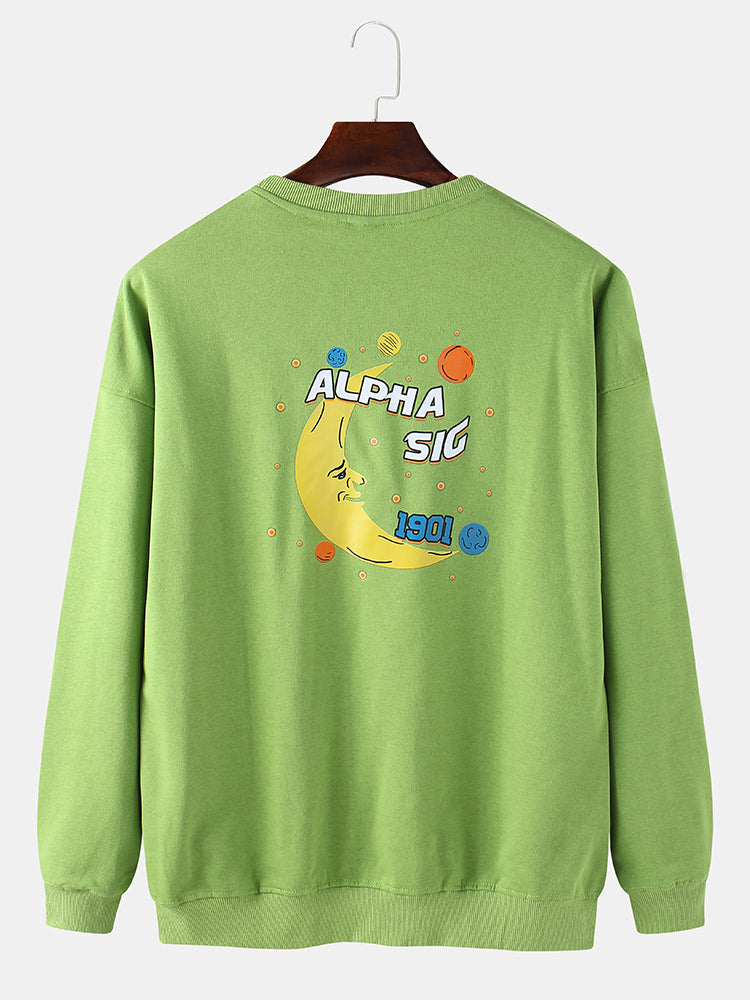 Mens Cotton Cartoon Moon & Letter Print Drop Shoulder Pullover Casual Sweatshirts