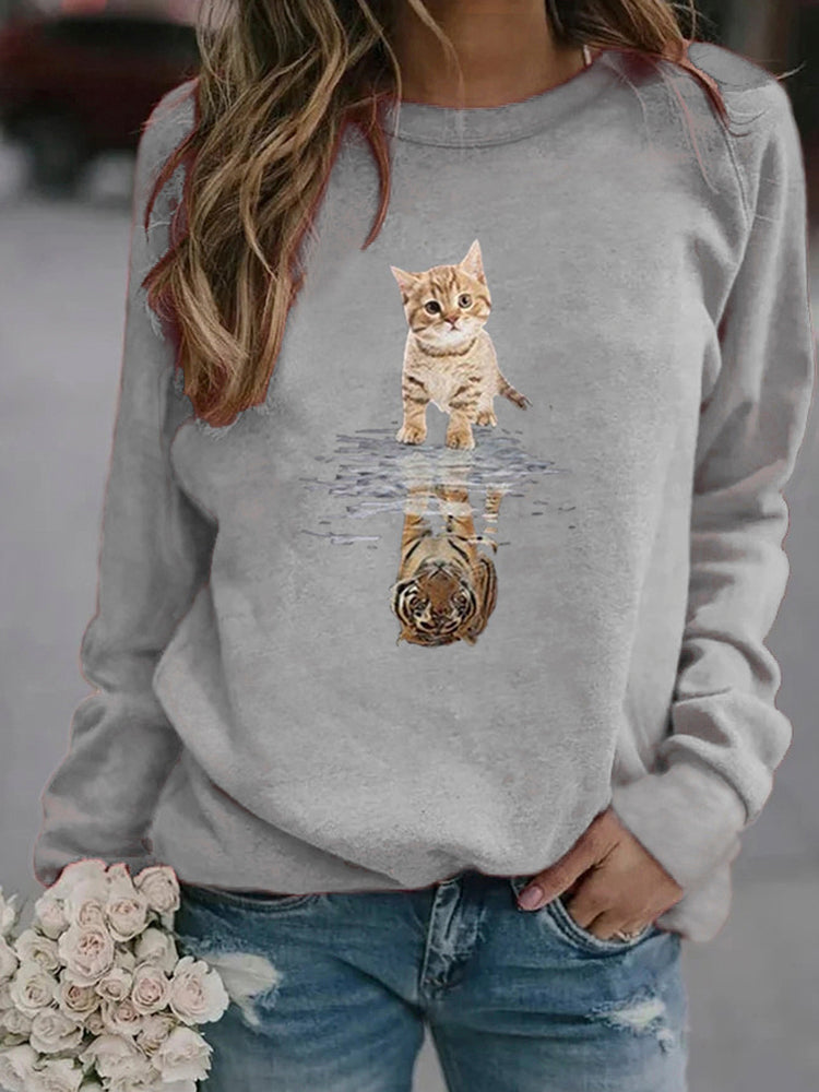 Women Cartoon Animal Cat Print Pullover Long Sleeve Cute Sweatshirts