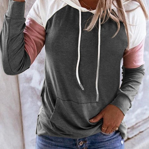 Women Patchwork Raglan Sleeve Casual Kangaroo Pocket Drawstring Hoodies