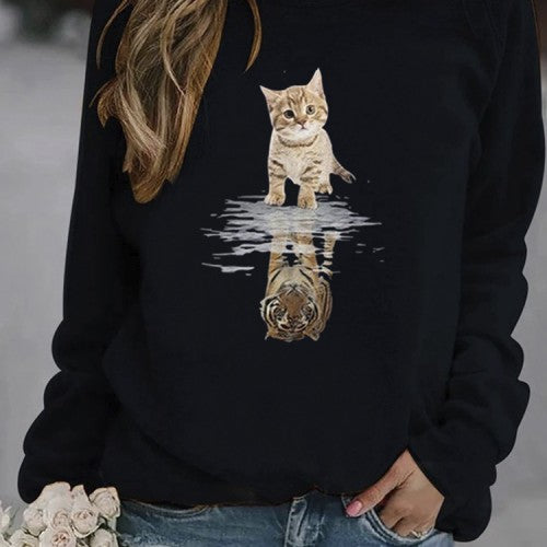 Women Cartoon Animal Cat Print Pullover Long Sleeve Cute Sweatshirts