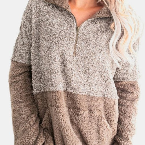 Women Colorblock Plush Warm Plus Size Hoodie With Kangaroo Pocket
