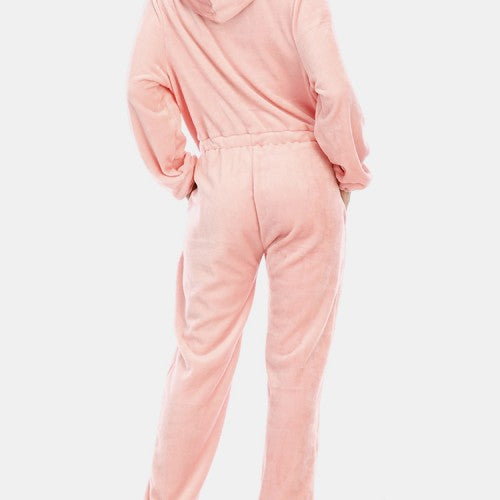 Women Flannel Eye Embroidery Hooded Zipper Front Elastic Waist Long Sleeve Home Pink Jumpsuits