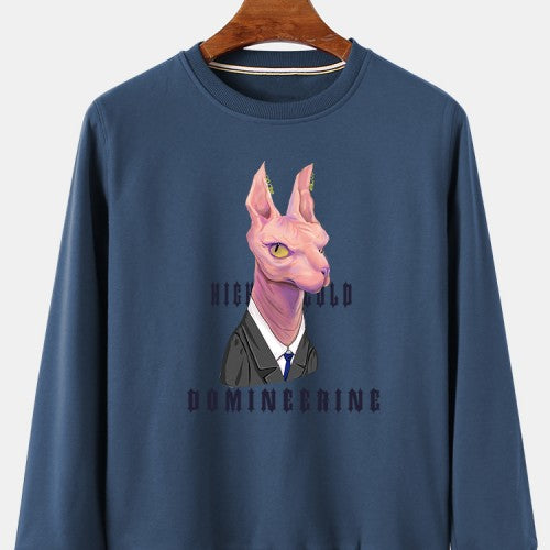 Mens Cartoon Cat Chest Print Cotton Loose Regular Fit Crew Neck Pullover Sweatshirts