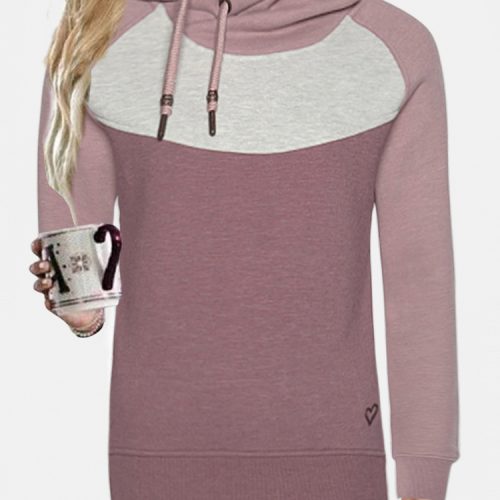 Women Contrast Patchwork Long Sleeve Casual Drawstring Hoodies