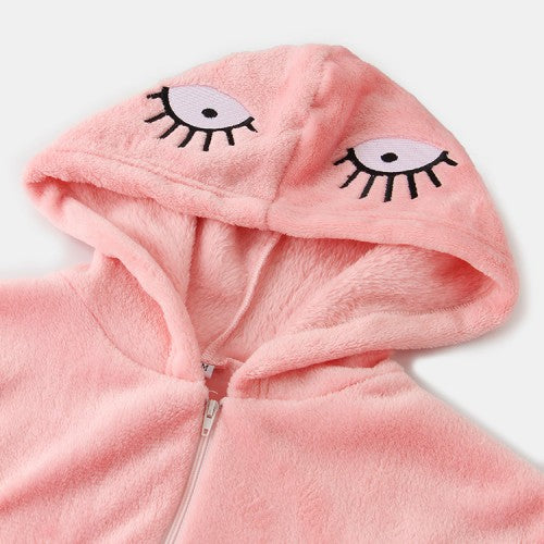 Women Flannel Eye Embroidery Hooded Zipper Front Elastic Waist Long Sleeve Home Pink Jumpsuits