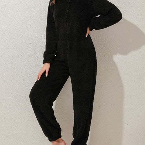 Women Fluffy Plush Zipper Cute Hooded Home Long Sleeve Warm Sleepwear Jumpsuits