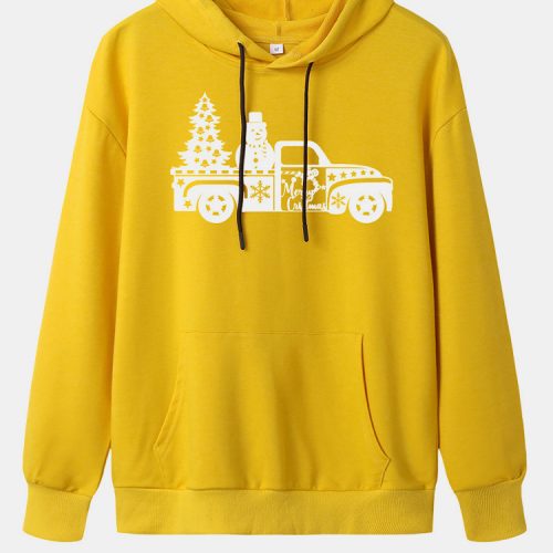Women Christmas Printed Drop Shoulder Long Sleeve Hoodies With Pocket