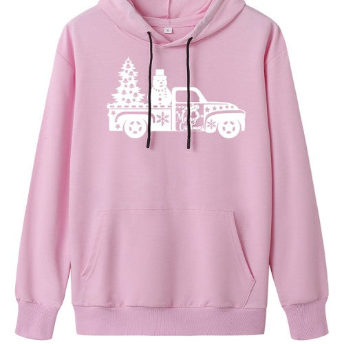 Women Christmas Printed Drop Shoulder Long Sleeve Hoodies With Pocket