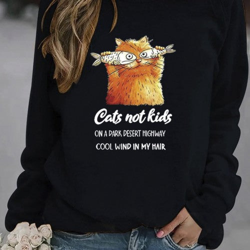 Women Funny Cartoon Cat Printed Pullover Long Sleeve Casual Sweatshirts