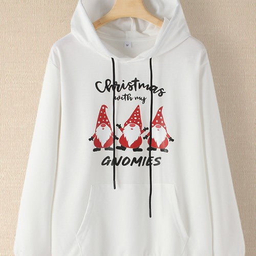 Christmas Women Cartoon Santa Claus Print Long Sleeve Drawstring Hoodies