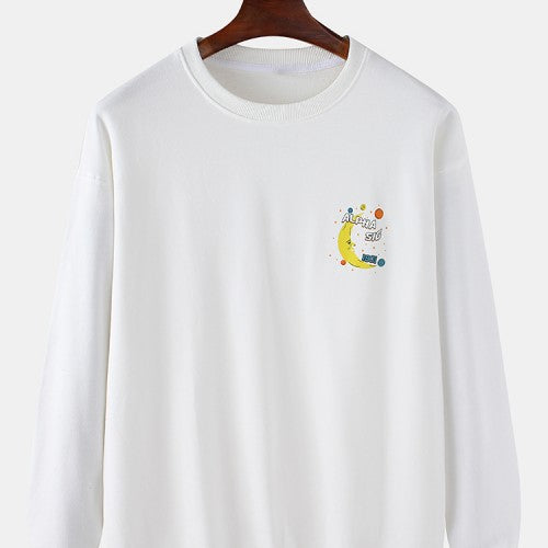 Mens Cotton Cartoon Moon & Letter Print Drop Shoulder Pullover Casual Sweatshirts