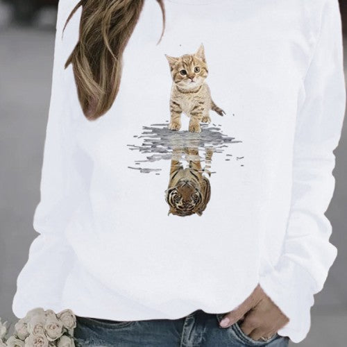 Women Cartoon Animal Cat Print Pullover Long Sleeve Cute Sweatshirts
