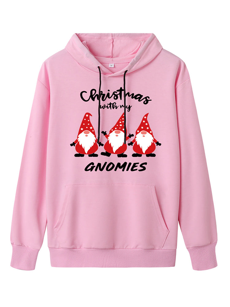 Christmas Women Cartoon Santa Claus Print Long Sleeve Drawstring Hoodies