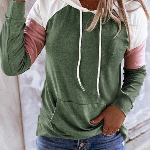 Women Patchwork Raglan Sleeve Casual Kangaroo Pocket Drawstring Hoodies
