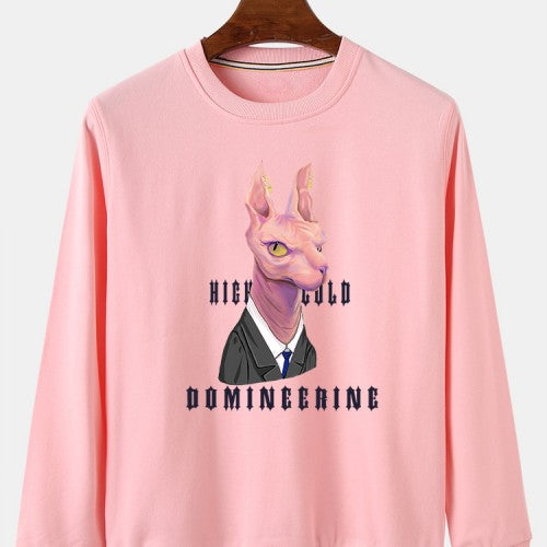Mens Cartoon Cat Chest Print Cotton Loose Regular Fit Crew Neck Pullover Sweatshirts