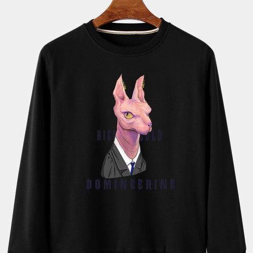 Mens Cartoon Cat Chest Print Cotton Loose Regular Fit Crew Neck Pullover Sweatshirts