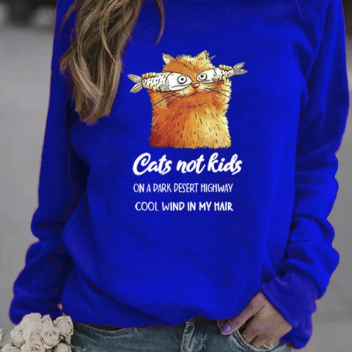 Women Funny Cartoon Cat Printed Pullover Long Sleeve Casual Sweatshirts