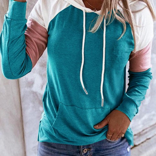 Women Patchwork Raglan Sleeve Casual Kangaroo Pocket Drawstring Hoodies